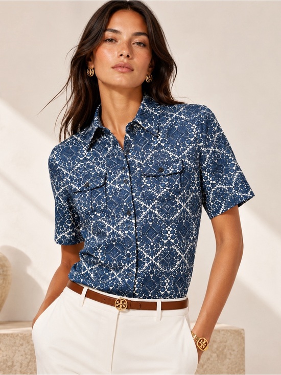 Tory Burch Tops - Tory Burch Woman Blue 100% Silk Button Up Collared Short Sleeve Blouse MEDIUM